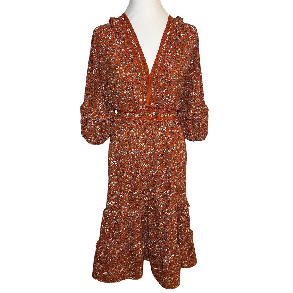 Floral Midi Dress Orange XS Tiered Ruffle‎ Peasant Cottage Boho Cowgirl Prairie